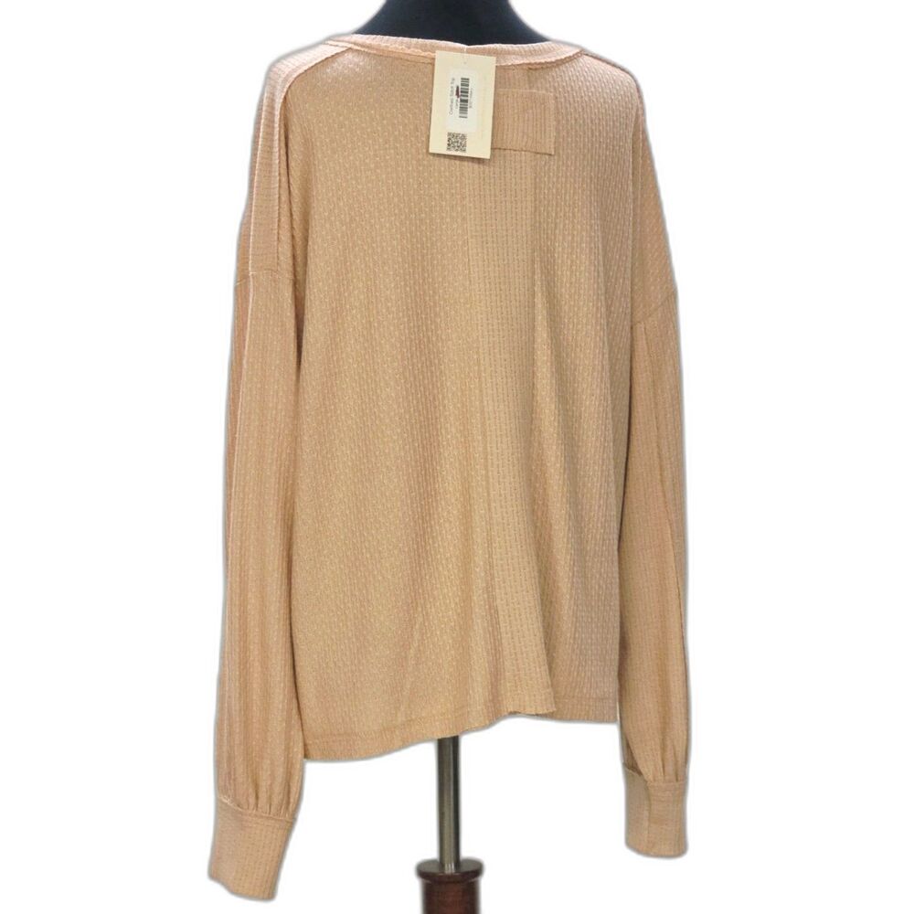 NWT Blu Pepper Waffle Knit Top L Neutral Tan Split Neck Long Sleeve Casual Cozy - Picture 5 of 9